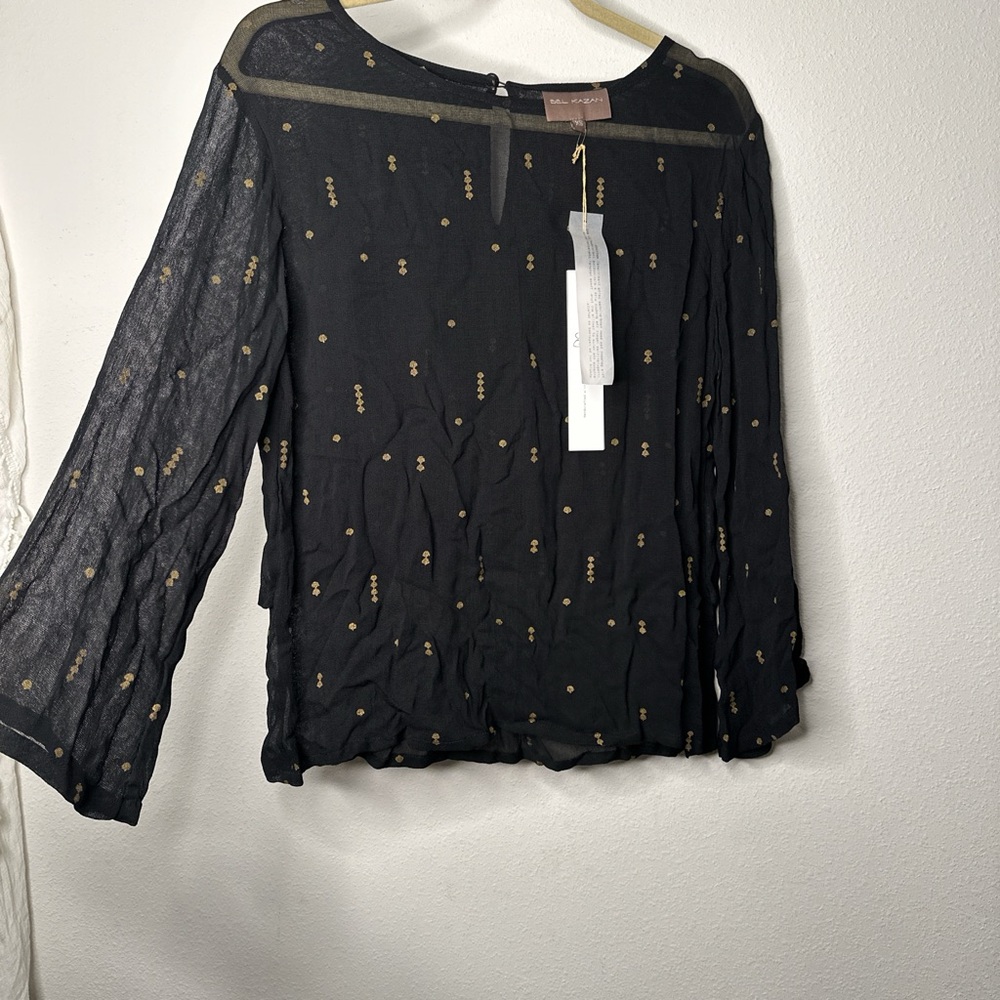 Anthropologie Black and Silver Ruffled Bell Sleeve Blouse